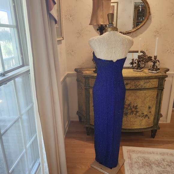 Della Roufogali Dore Fully Beaded Royal Blue & Silver 90s Evening Gown 4 Small - Picture 9 of 11